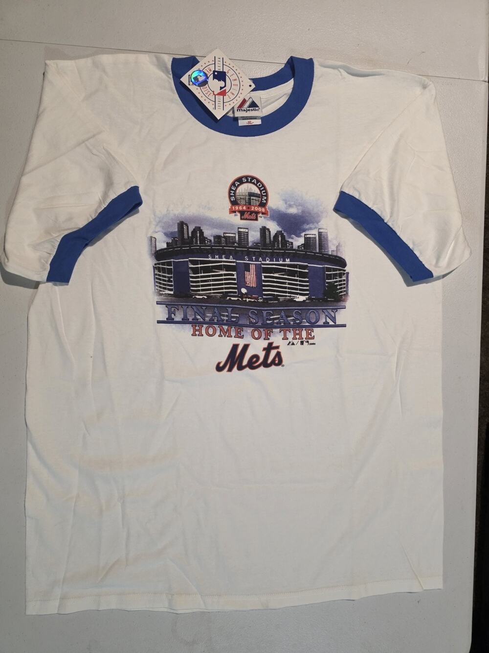 VTG 2008 NY Mets Shea Stadium Final Season T Shirt NWT Majestic XL Ringer
